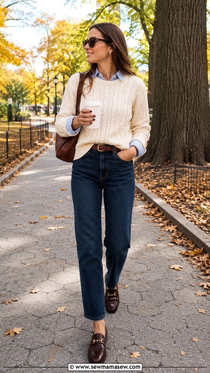 Cable Knit Sweater Over Collared Shirt With Straight Leg Jeans - 30 preppy outfit ideas for women