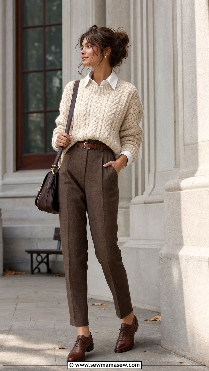 Cable Knit Sweater Over Collared Shirt With Trousers - 25 dark academia outfits aesthetic