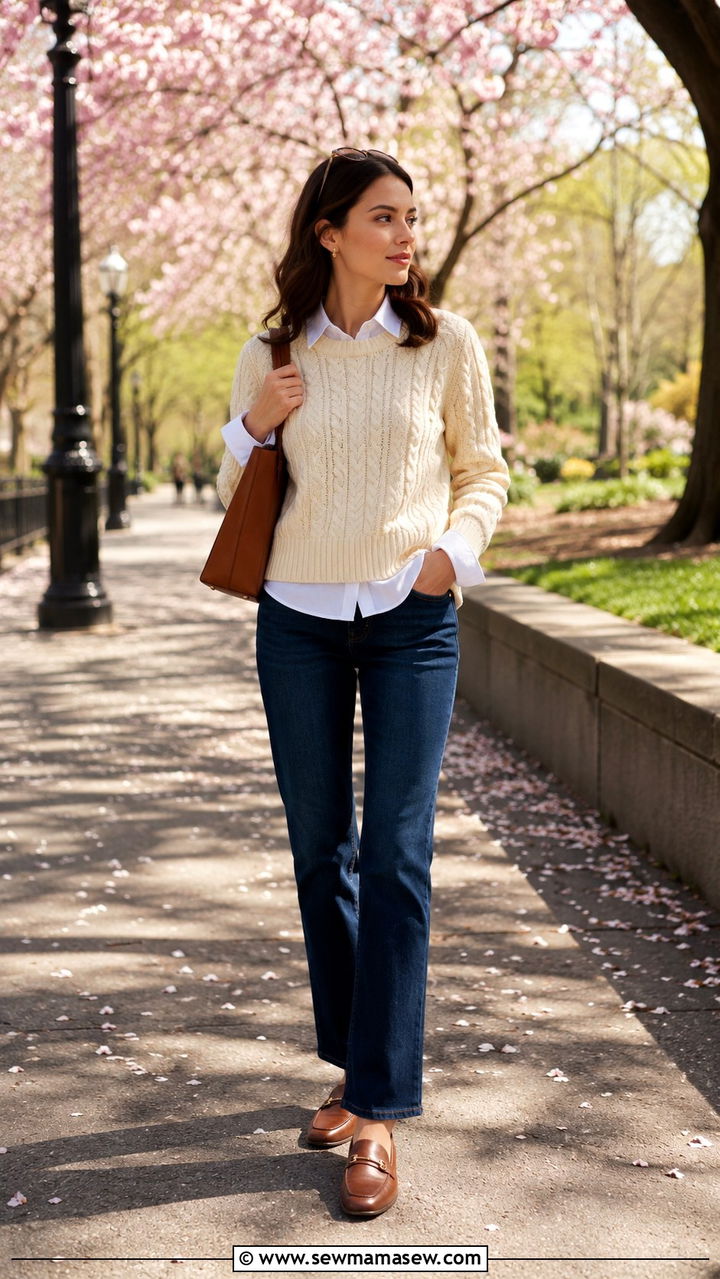 Cable Knit Sweater Over a Button Down Shirt with Jeans - 30 Spring preppy outfits 2026