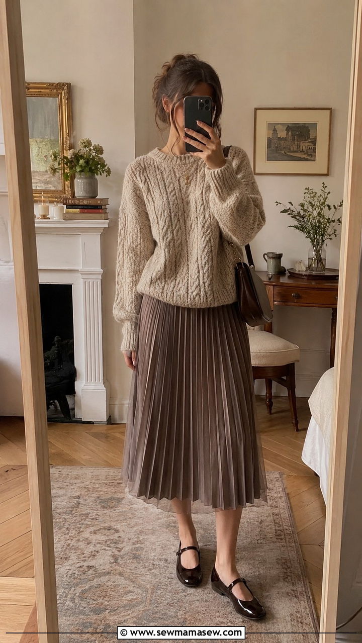 Cable Knit Sweater Pleated Midi Skirt And Mary Janes - 25 poetcore outfits