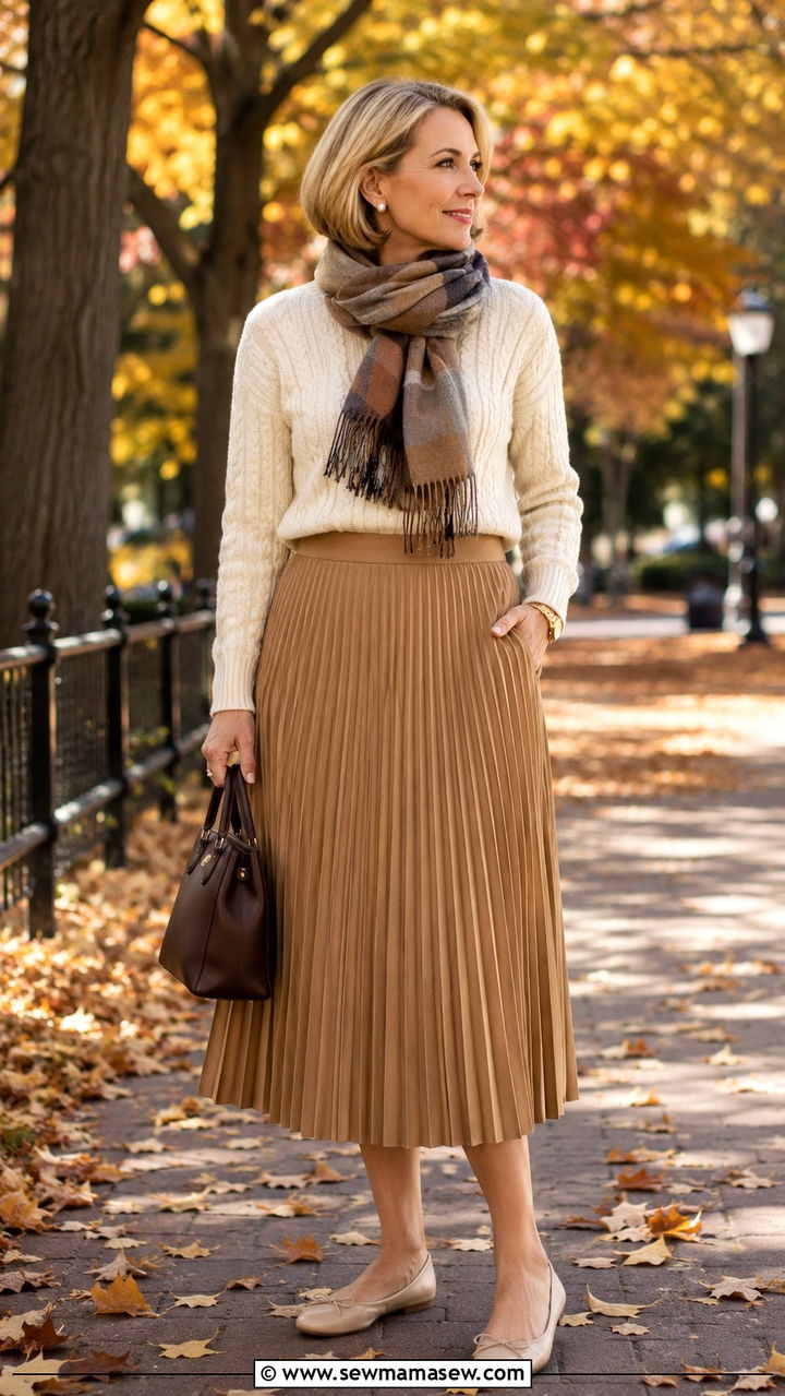 Cable Knit Sweater Pleated Midi Skirt and Ballet Flats - 25 Preppy outfits for women over 40