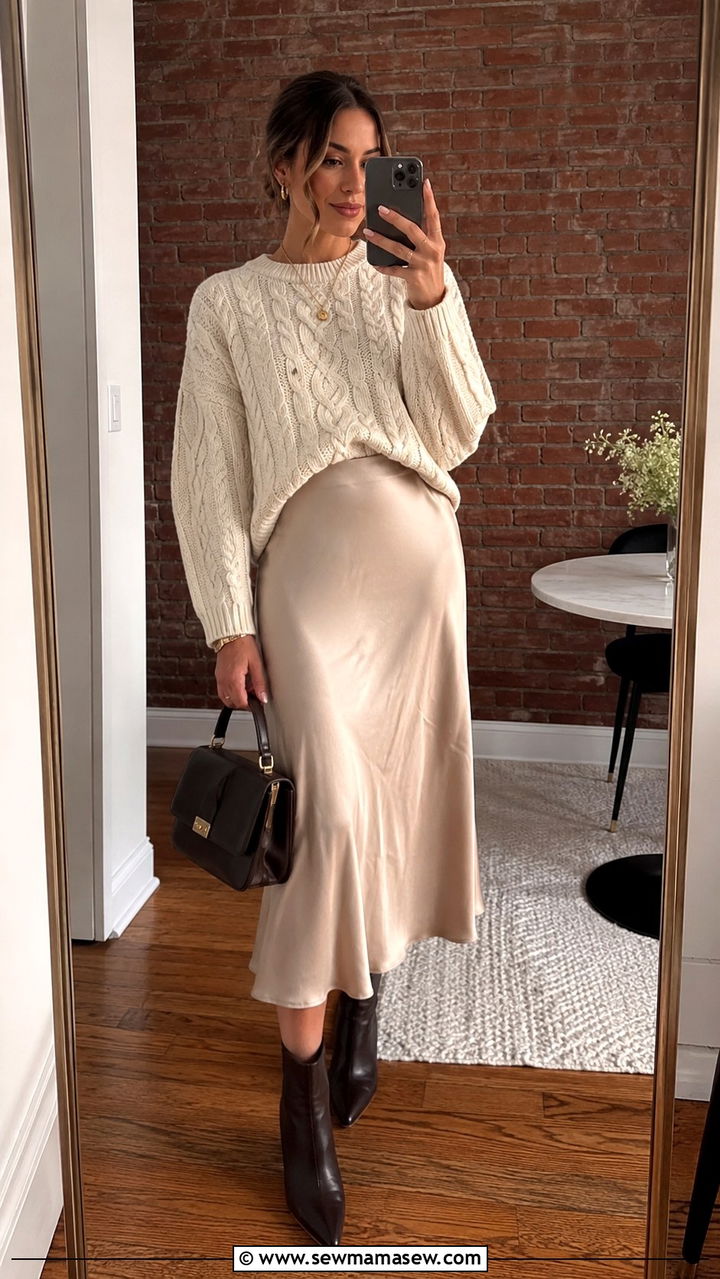 Cable Knit Sweater Satin Midi Skirt Ankle Boots - 30 NYC brunch outfit ideas
