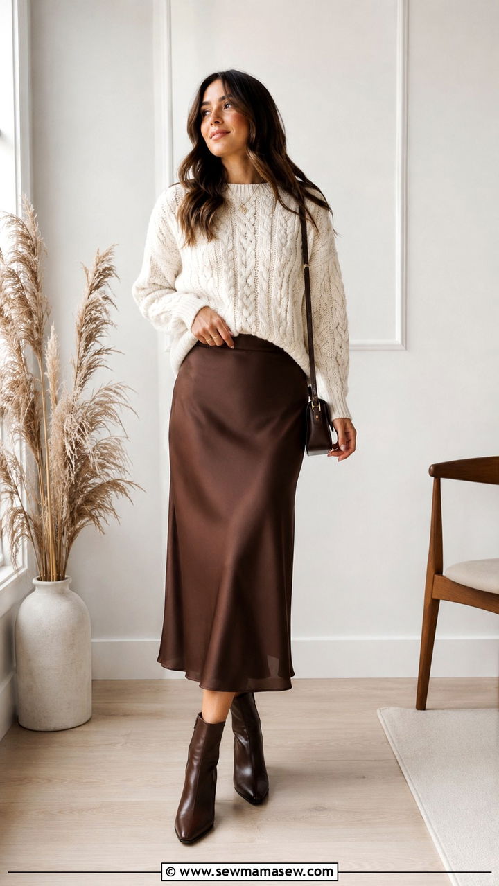 Cable Knit Sweater Satin Midi Skirt Boots Outfit - 25 transitional weekend outfit ideas