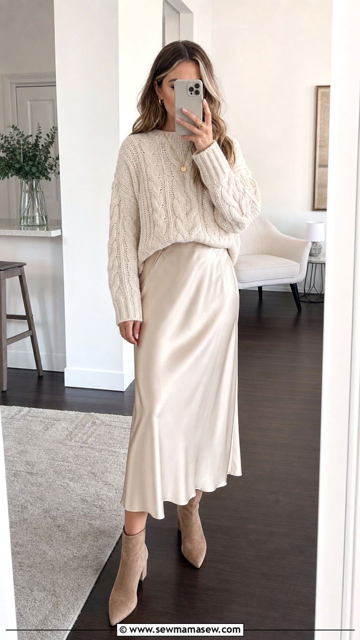 Cable Knit Sweater Satin Midi Skirt Outfit - 35 Boston outfit ideas