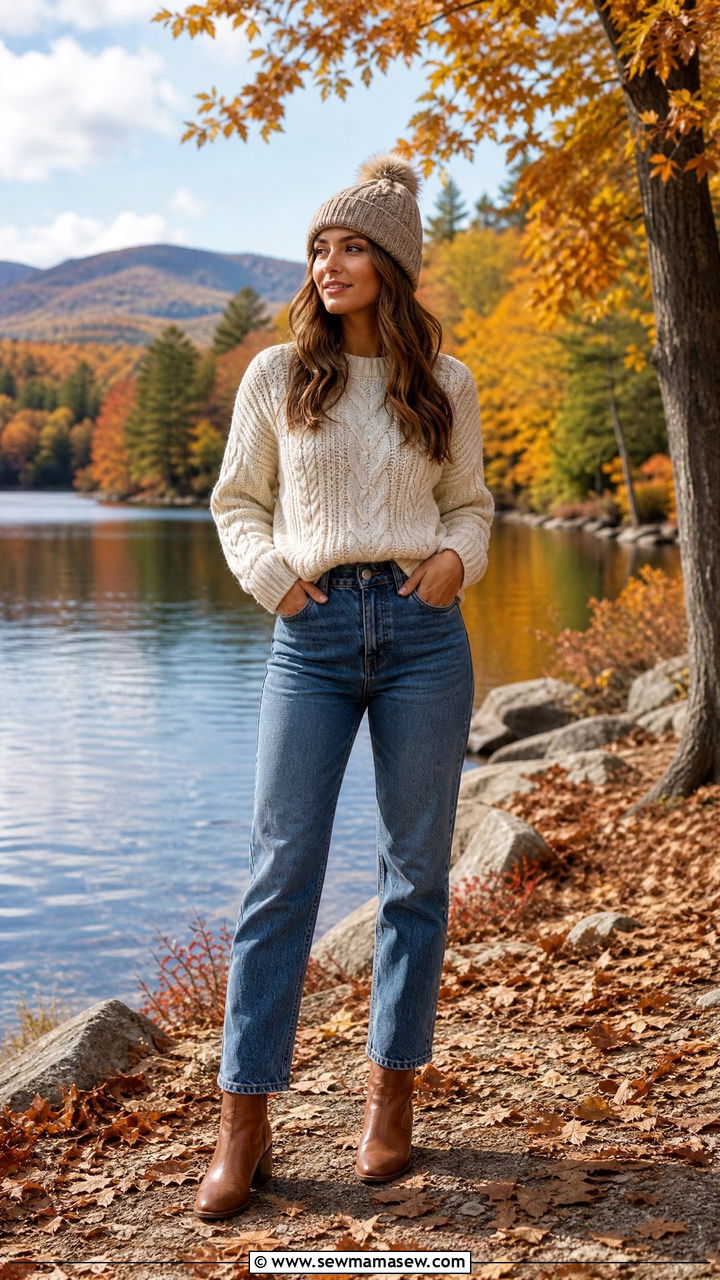 Cable Knit Sweater Straight Jeans Ankle Boots Lake Outfit - 35 Lake house outfit ideas