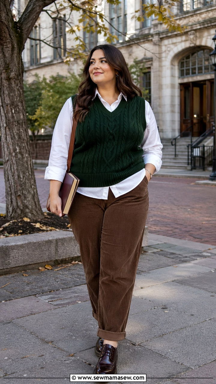 Cable Knit Sweater Vest Over White Button Down With Corduroy Pants - 20 Dark academia outfits for curvy women
