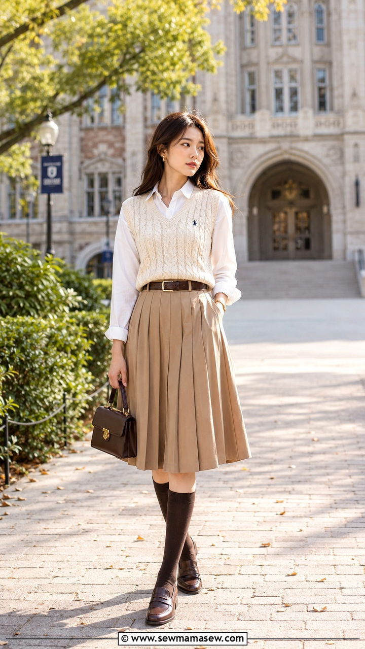 Cable Knit Sweater Vest Over a Button Down Shirt with Pleated Skirt - 25 Old money outfit ideas with cable knit