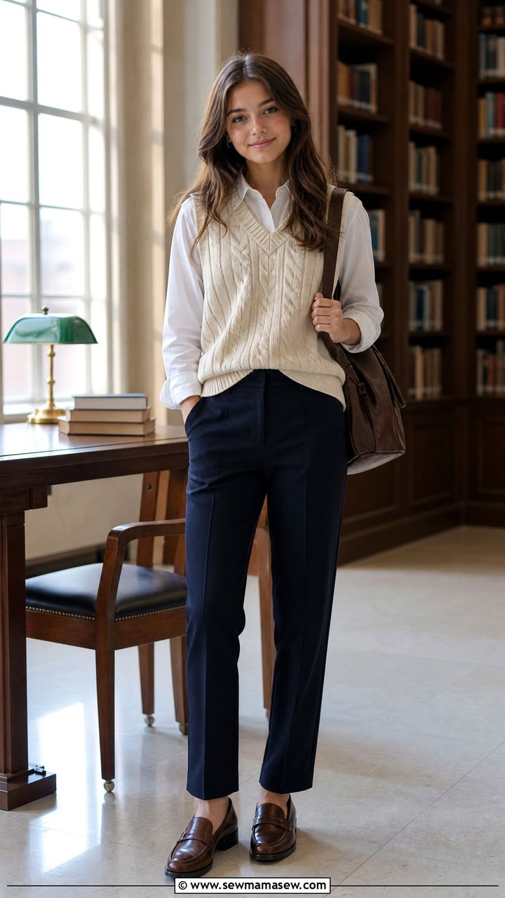 Cable Knit Sweater Vest and Trousers Outfit - 25 First day of 9th grade outfit ideas
