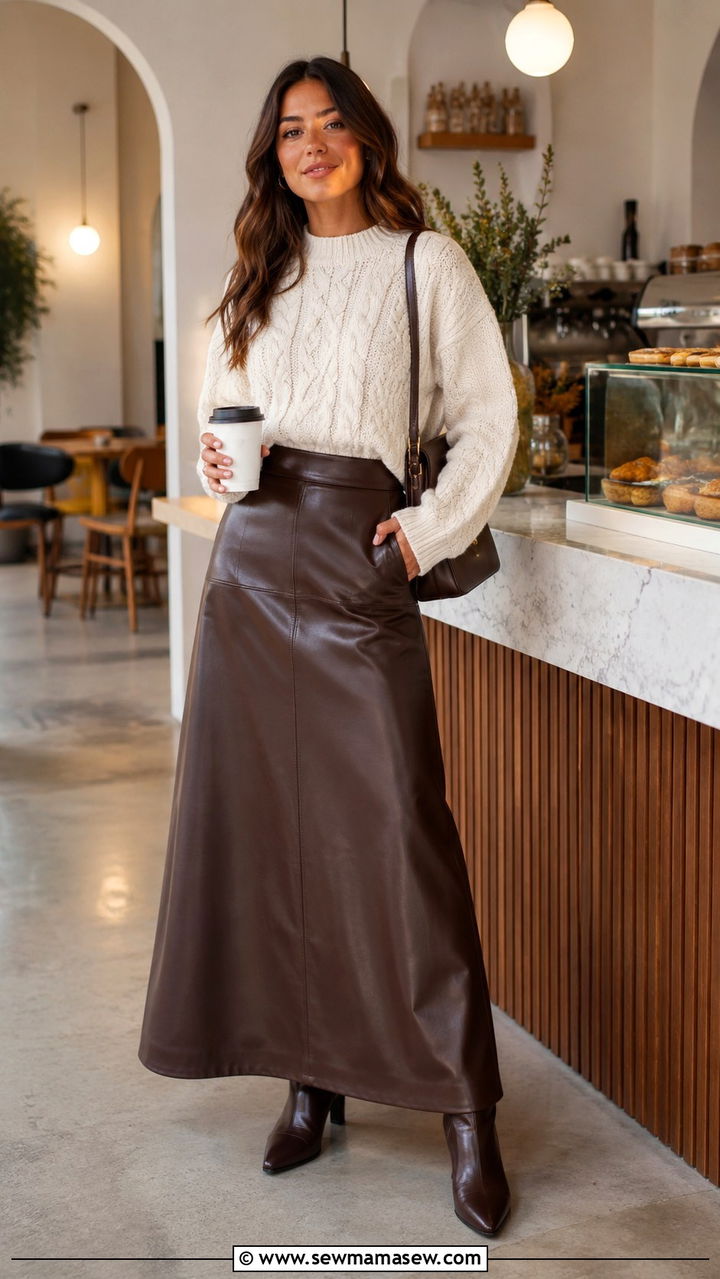 Cable Knit Sweater With A Leather Maxi Skirt Outfit - 30 how to style maxi skirt outfits