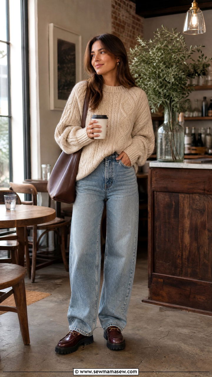 Cable Knit Sweater With Barrel Leg Jeans - 30 Cute brunch outfits