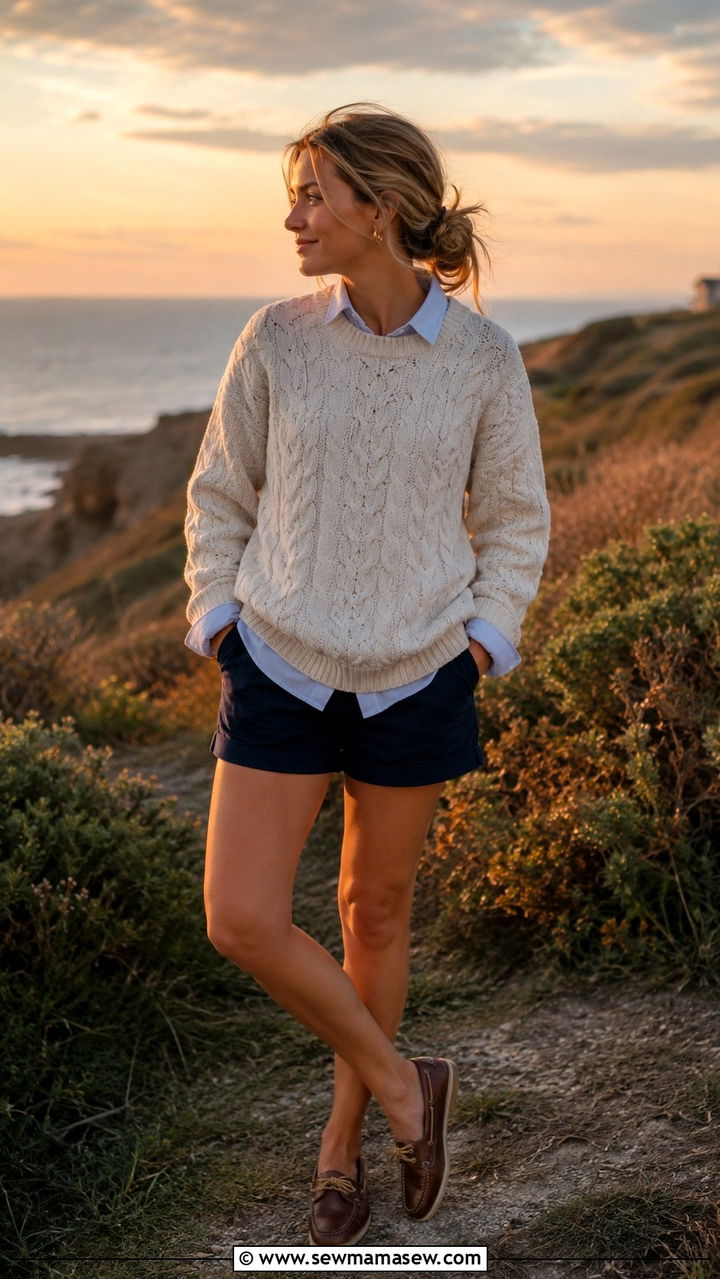 Cable Knit Sweater With Boat Shorts - 30 Nantucket outfit ideas 2026