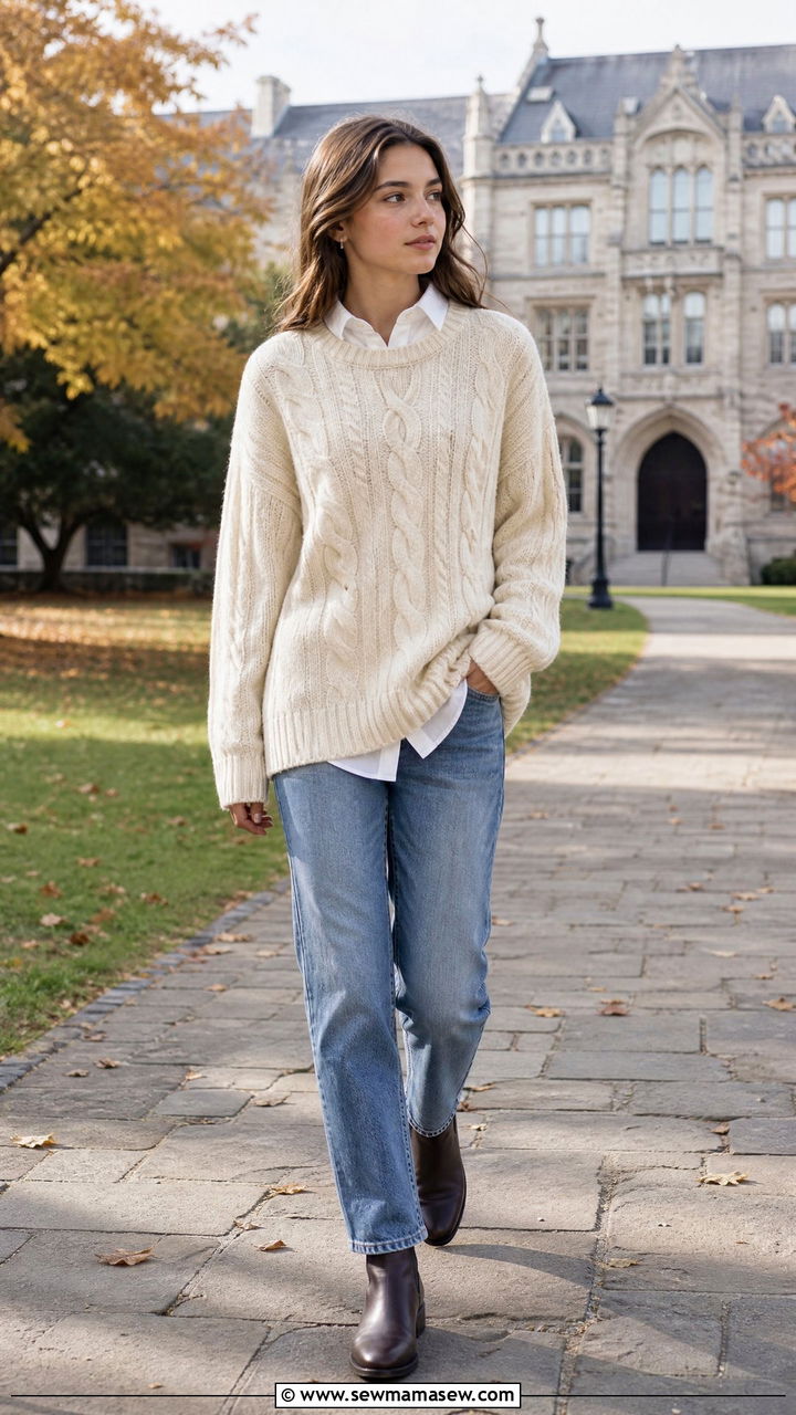 Cable Knit Sweater With Collared Shirt - 25 Boarding school outfit ideas teens
