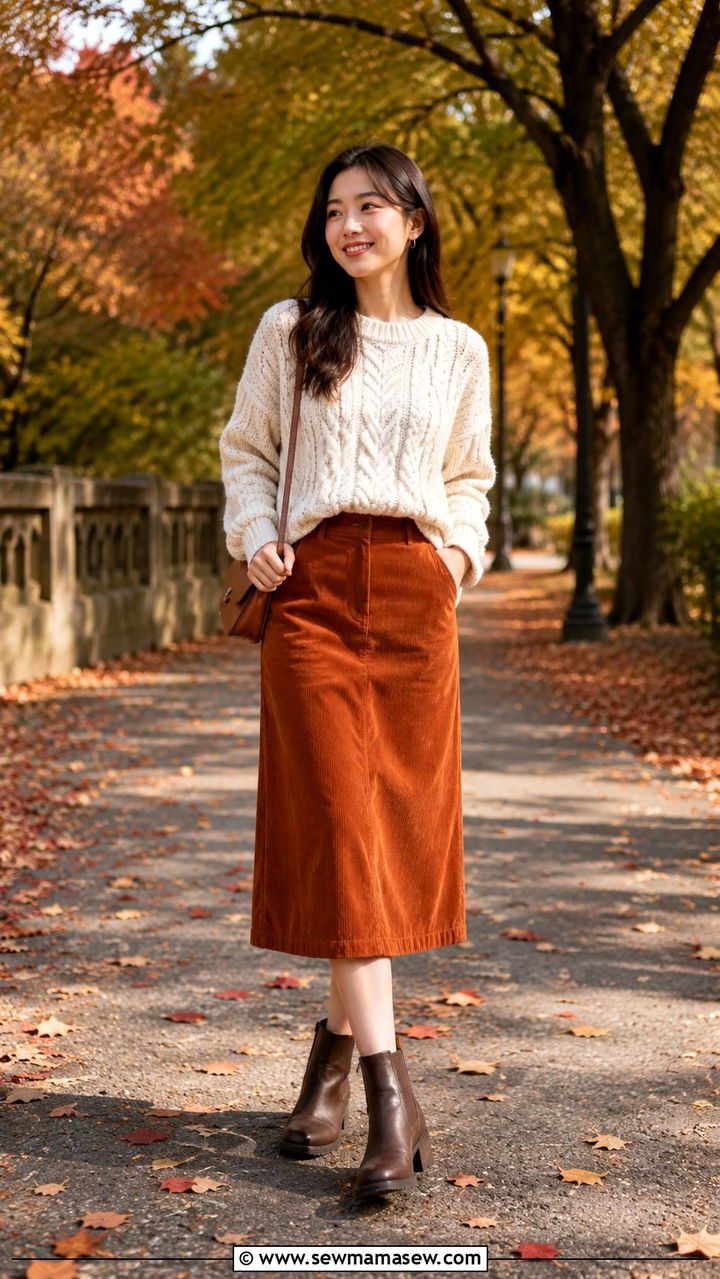 Cable Knit Sweater With Corduroy Midi Skirt And Chelsea Boots - 25 Petite outfit ideas with midi skirt