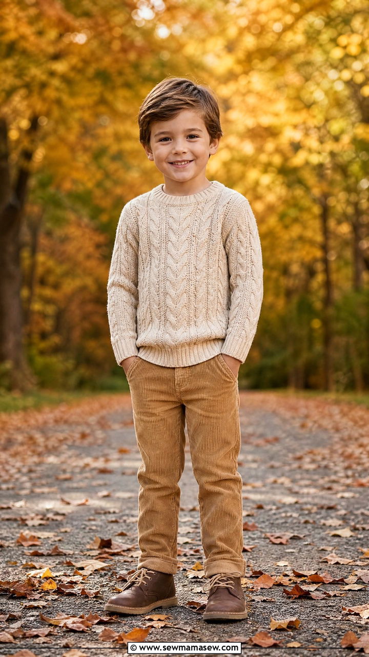 Cable Knit Sweater With Corduroy Pants - 25 Kid outfit ideas for school picture day