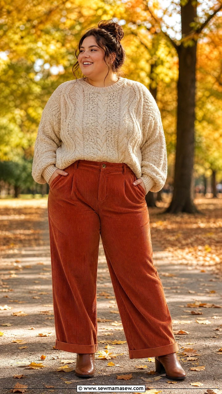 Cable Knit Sweater With Corduroy Pants - 30 Plus size outfit ideas 2026