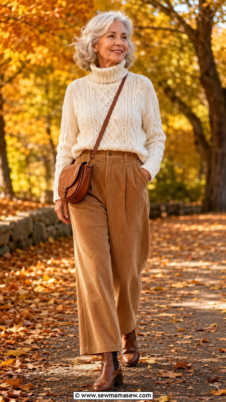 Cable Knit Sweater With Corduroy Pants - 30 Trendy outfits for women over 60