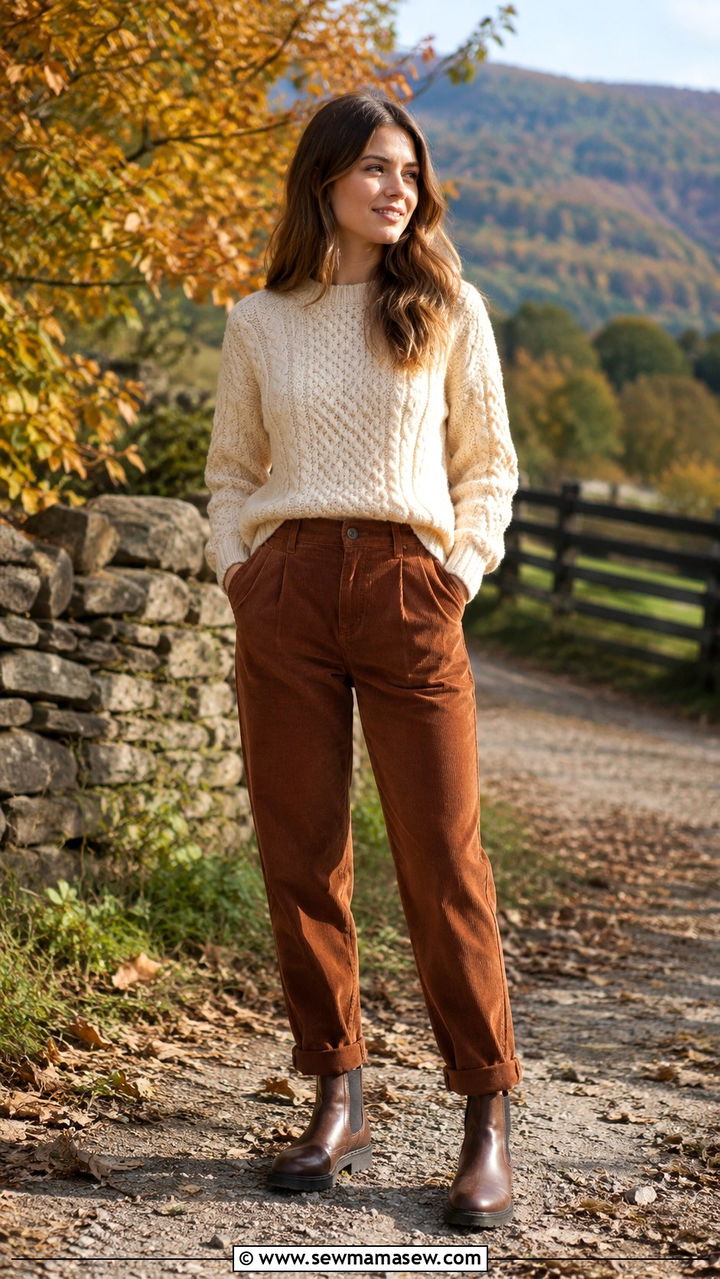 Cable Knit Sweater With Corduroy Pants And Chelsea Boots - 30 Mild weather outfit ideas