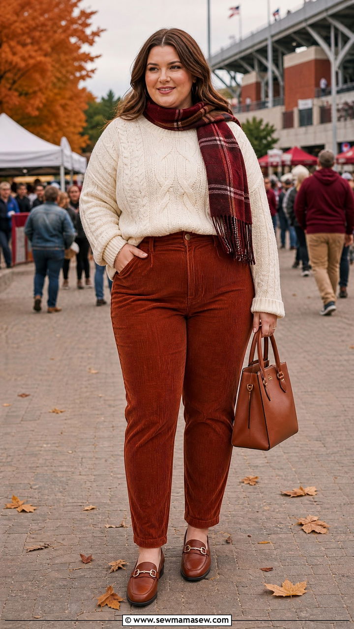 Cable Knit Sweater With Corduroy Pants And Loafers - 30 Football game outfit ideas plus size