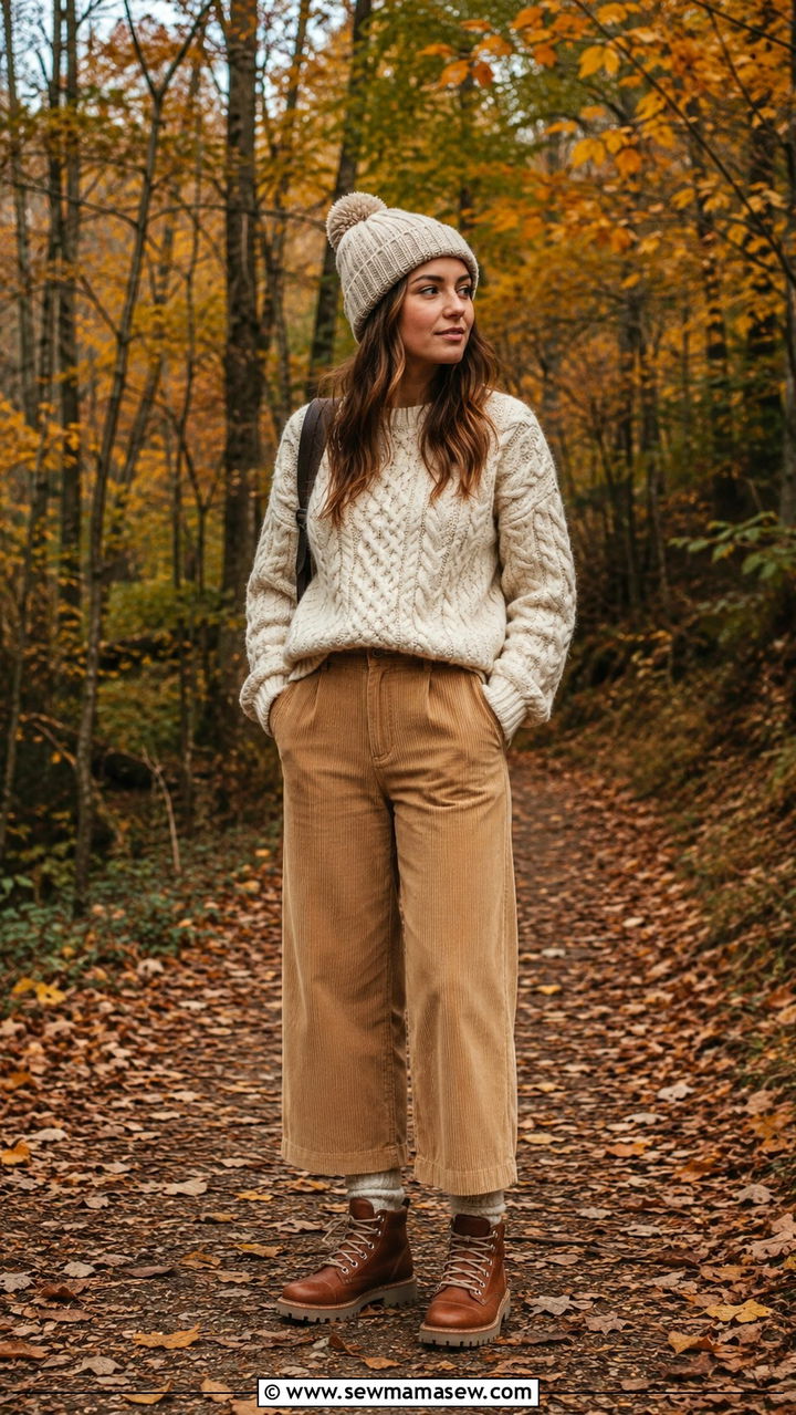 Cable Knit Sweater With Corduroy Pants and Hiking Style Boots - 25 10 day travel capsule outfits