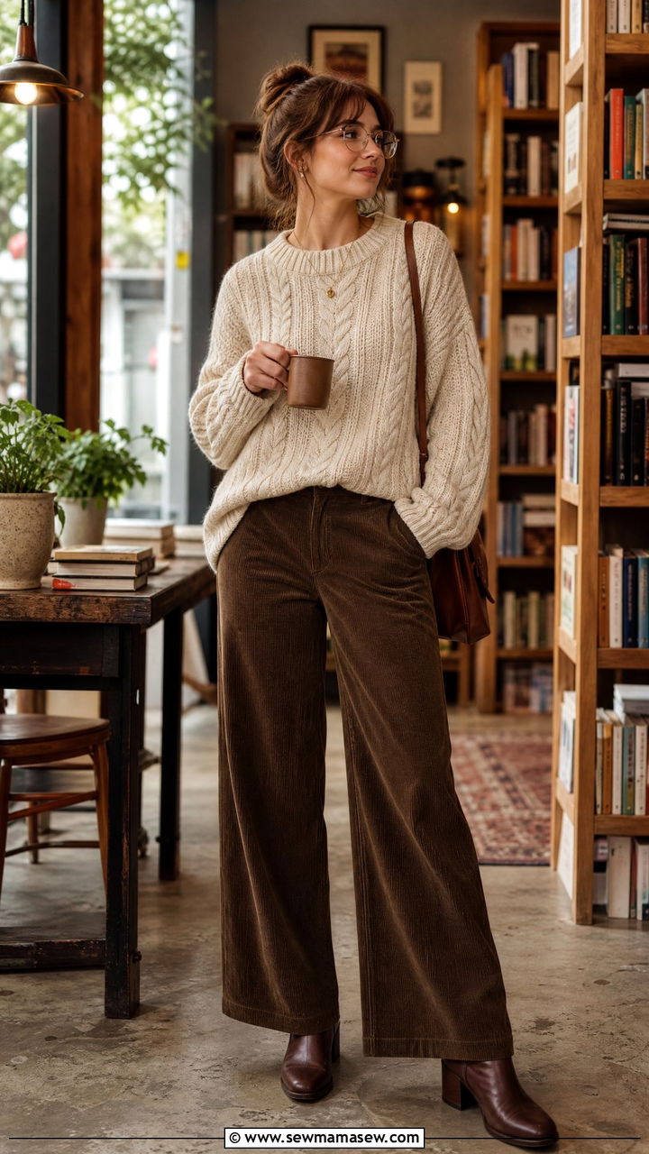 Cable Knit Sweater With Corduroy Pants - 35 librarian core outfits