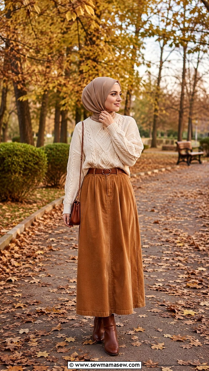 Cable Knit Sweater With Corduroy Skirt - 30 Modest outfit ideas with long skirt