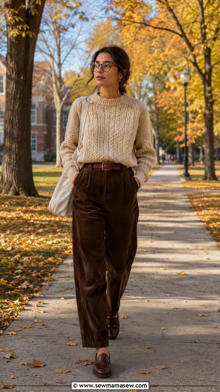 Cable Knit Sweater With Corduroy Trousers And Loafers Outfit Light Academia - 30 casual light academia outfits