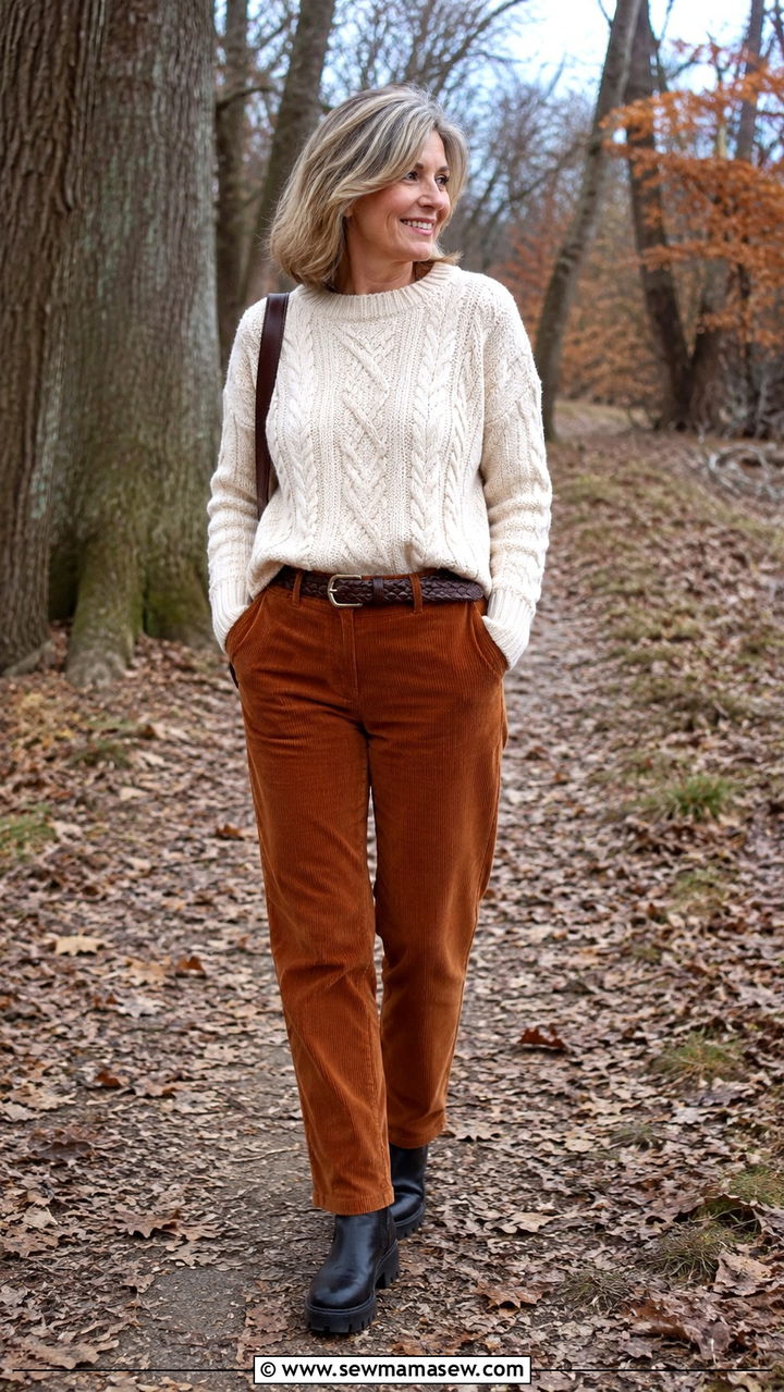 Cable Knit Sweater With Corduroy Trousers and Lug Sole Boots - 30 Capsule wardrobe women over 40