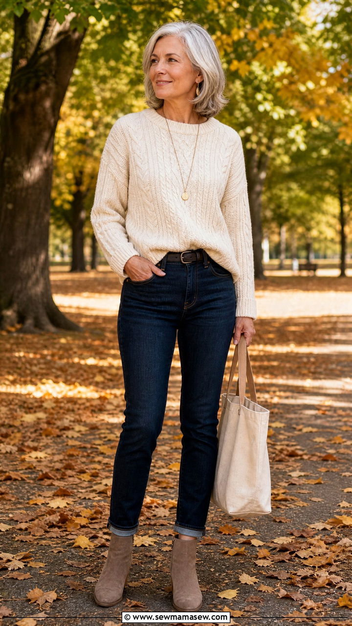 Cable Knit Sweater With Dark Denim - 30 Minimalist outfits for women over 50