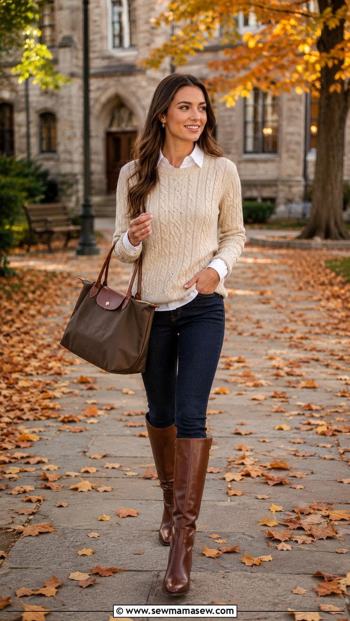Cable Knit Sweater With Dark Wash Jeans And Riding Boots - 25 Preppy outfit ideas for college