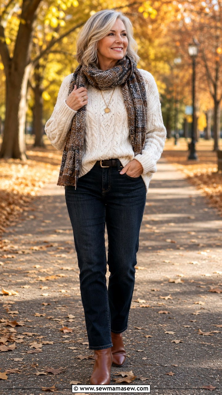 Cable Knit Sweater With Dark Wash Jeans - 30 Chic outfits for women over 50