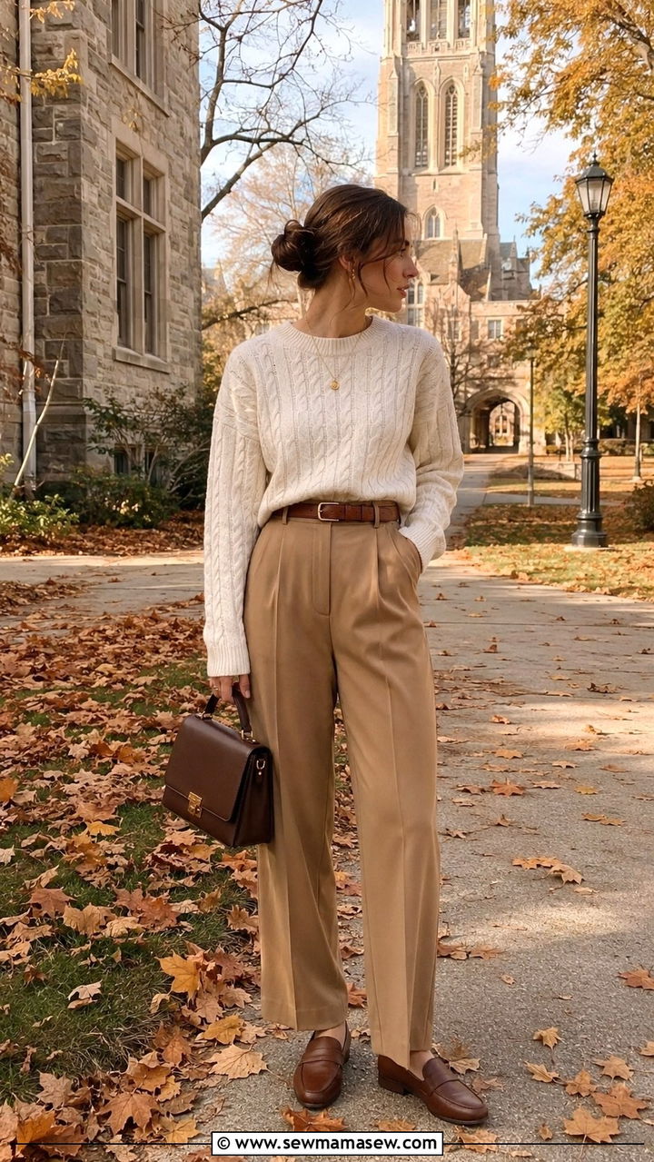 Cable Knit Sweater With High Waisted Trousers And Loafers - 30 light academia outfits inspo