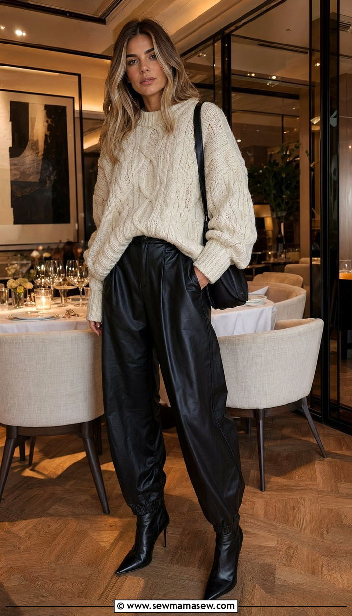 Cable Knit Sweater With Leather Balloon Pants Outfit - 35 balloon pants outfits ideas