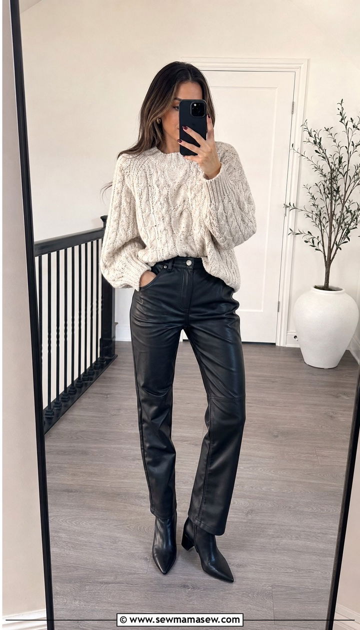 Cable Knit Sweater With Leather Pants and Ankle Boots - 25 Cool aunt outfit ideas
