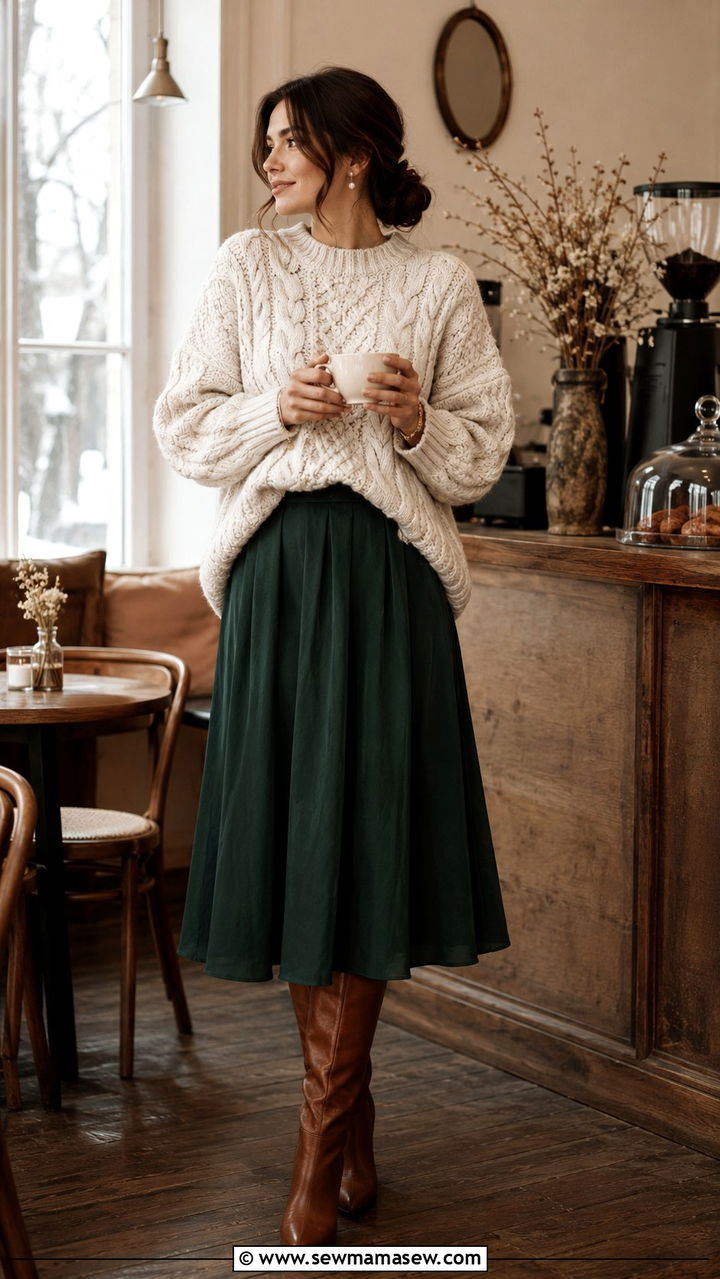 Cable Knit Sweater With Midi Skirt - 25 Poetcore outfit ideas