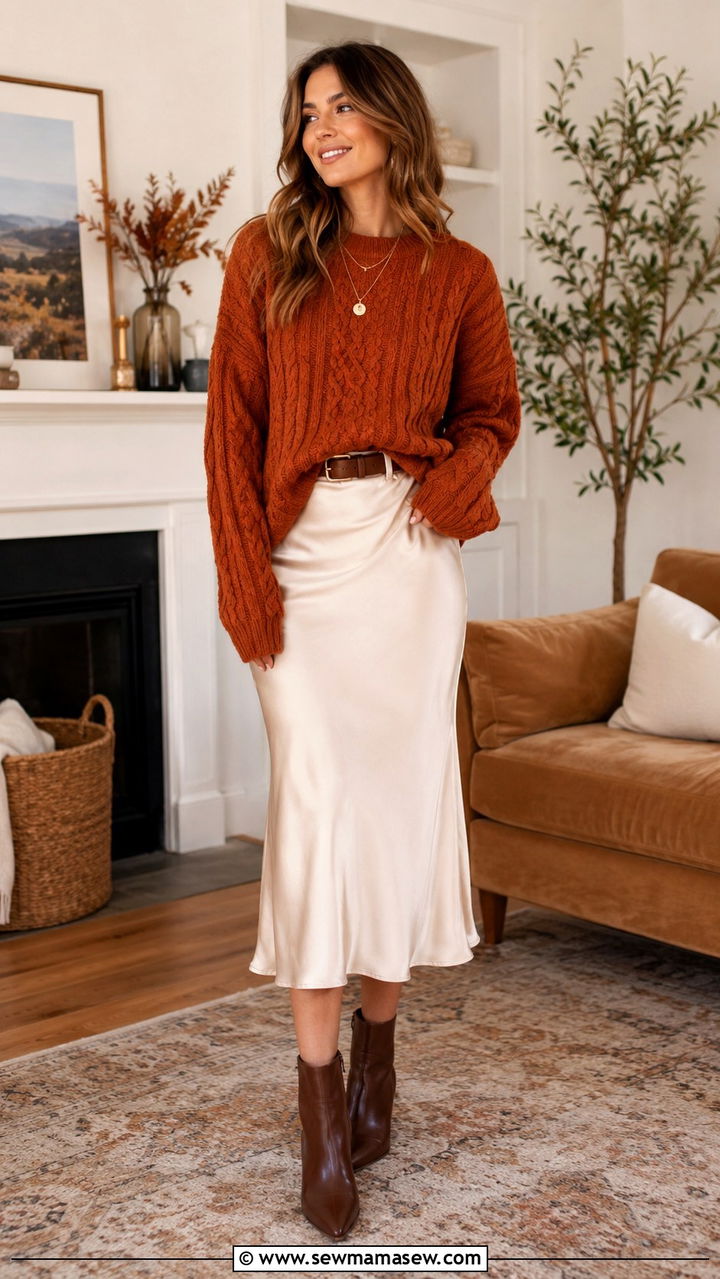 Cable Knit Sweater With Midi Skirt Outfit - 30 casual modest classy outfits