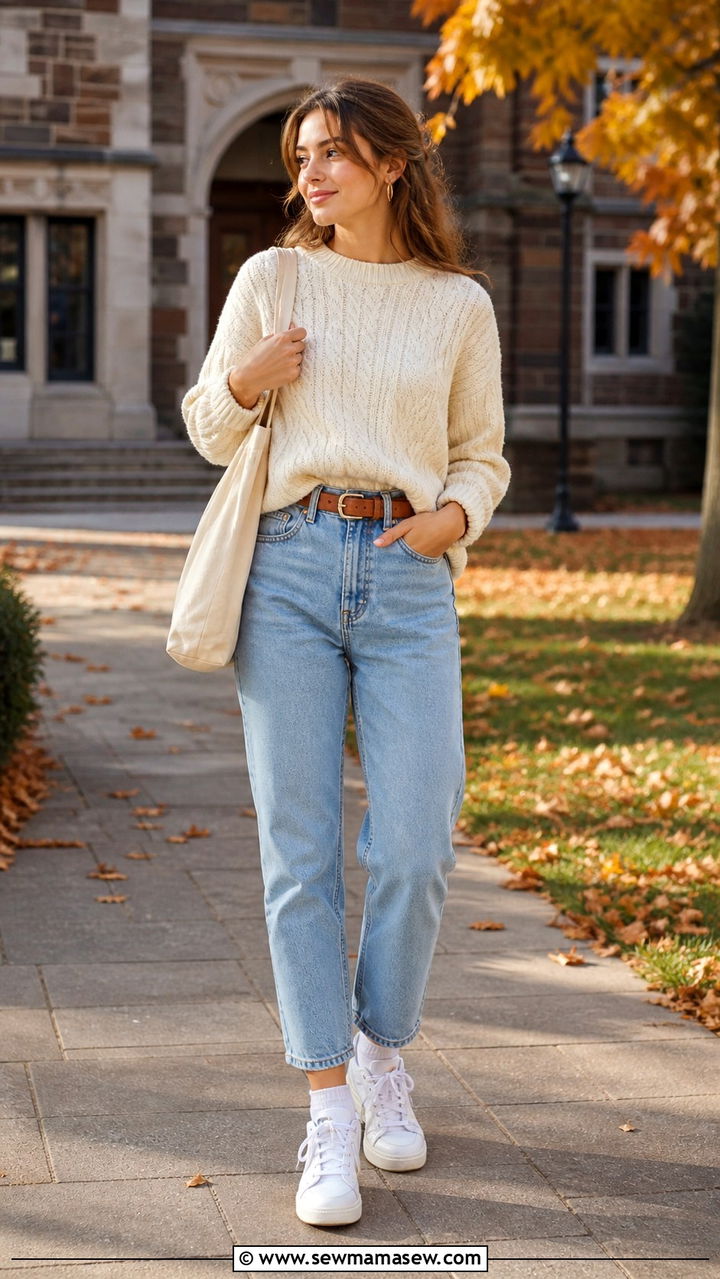 Cable Knit Sweater With Mom Jeans College - 40 College outfit ideas