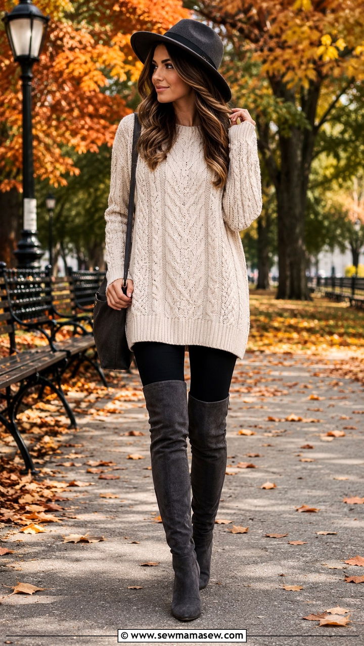 Cable Knit Sweater With Over The Knee Boots - 30 Oversized sweater with leggings outfit ideas