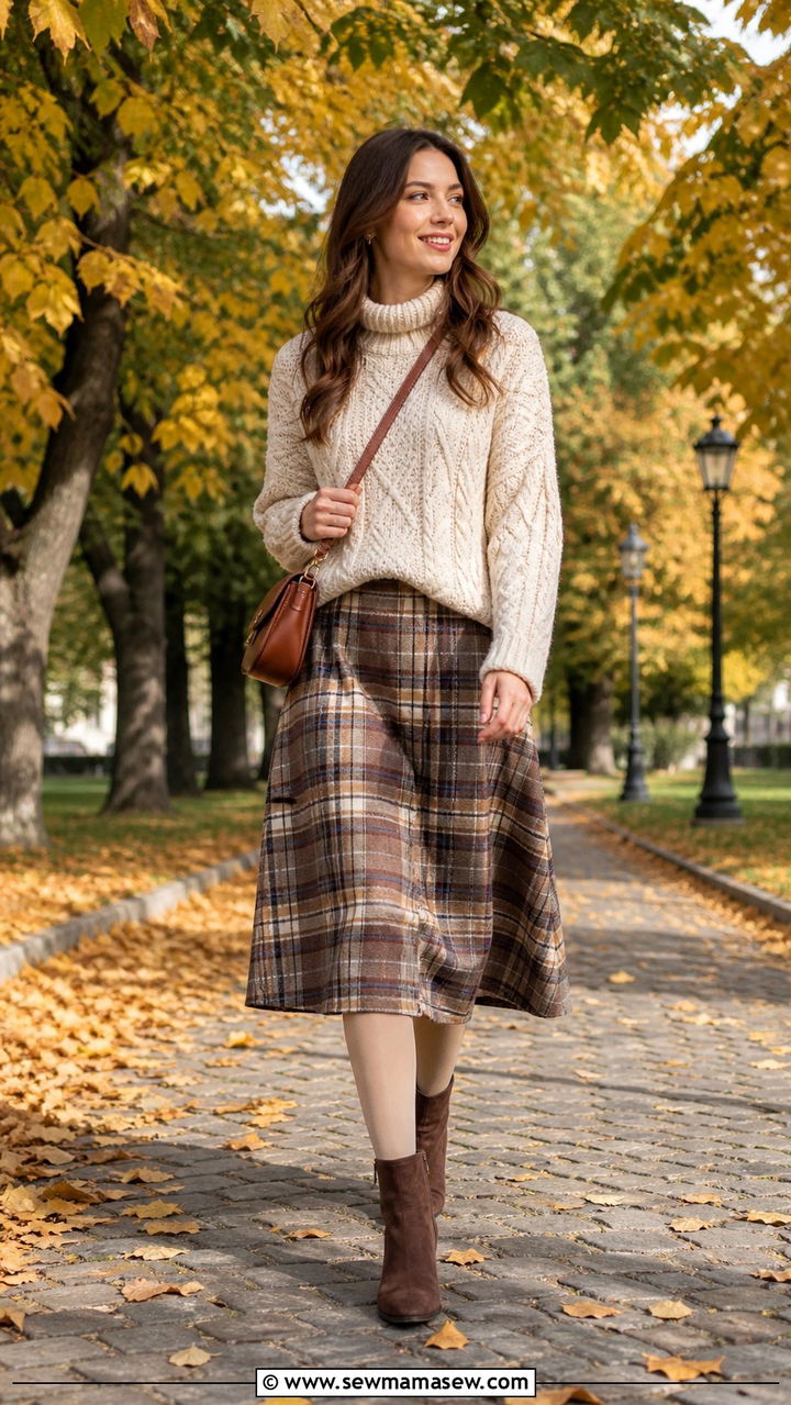 Cable Knit Sweater With Plaid Midi Skirt And Ankle Boots - 40 light academia outfits for women
