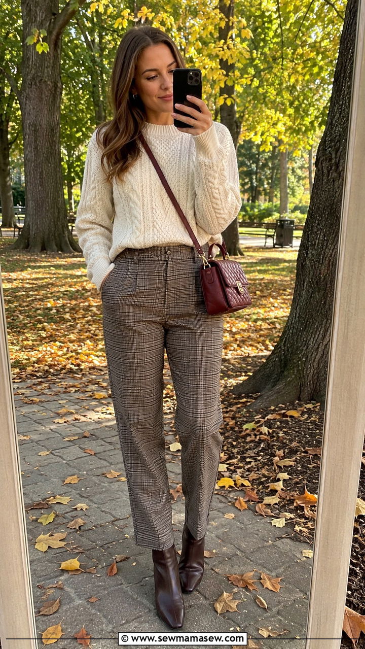 Cable Knit Sweater With Plaid Trousers - 30 classy preppy outfit ideas
