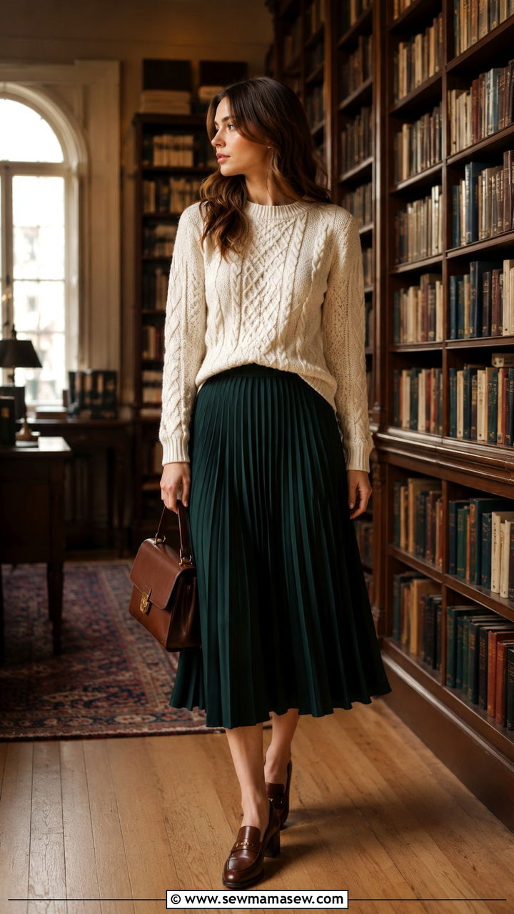 Cable Knit Sweater With Pleated Midi Skirt And Heeled Loafers - 30 Pleated skirt outfit ideas with heels