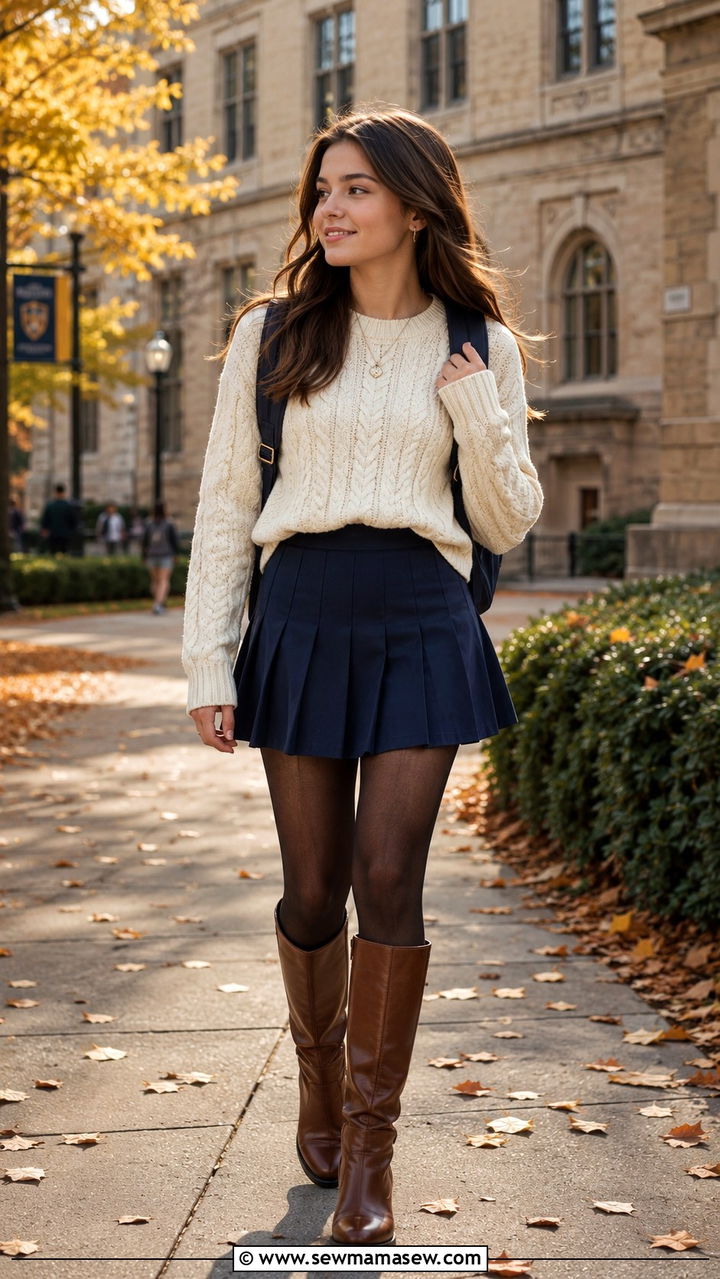 Cable Knit Sweater With Pleated Skirt - 25 Preppy outfits for teens