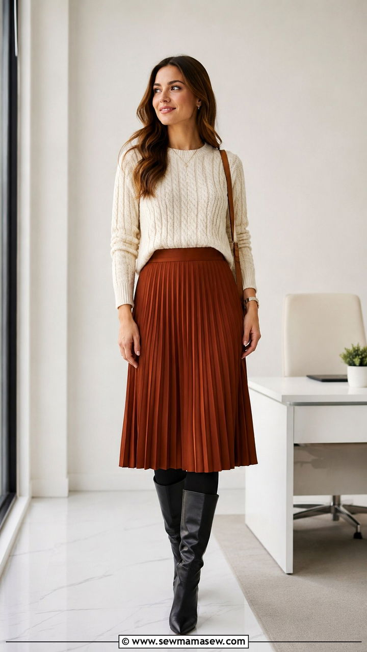 Cable Knit Sweater With Pleated Skirt And Knee High Boots - 30 Preppy work outfits
