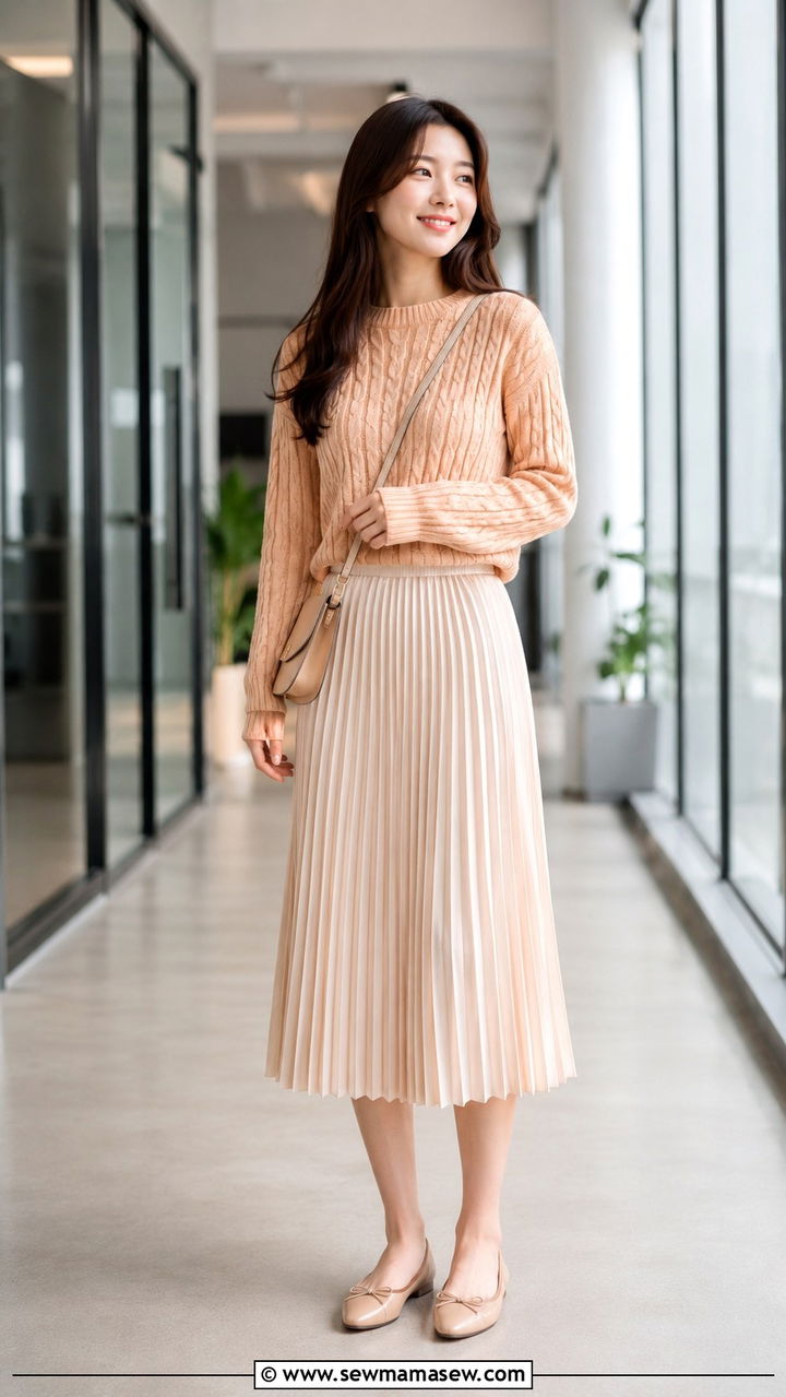 Cable Knit Sweater With Pleated Skirt - 20 Modern spring outfit ideas 2026