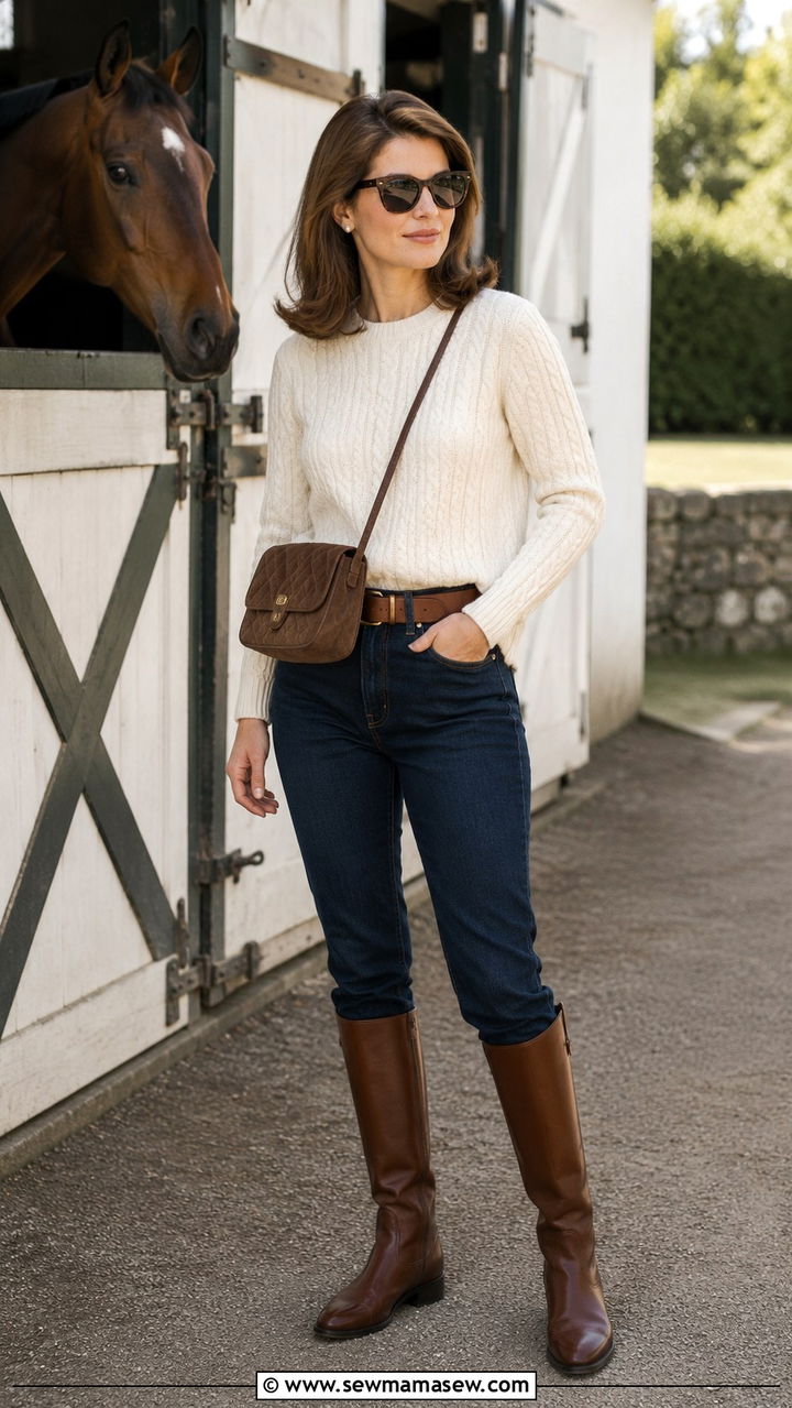 Cable Knit Sweater With Riding Boots And Straight Leg Jeans - 20 Old money outfit ideas Jackie Kennedy