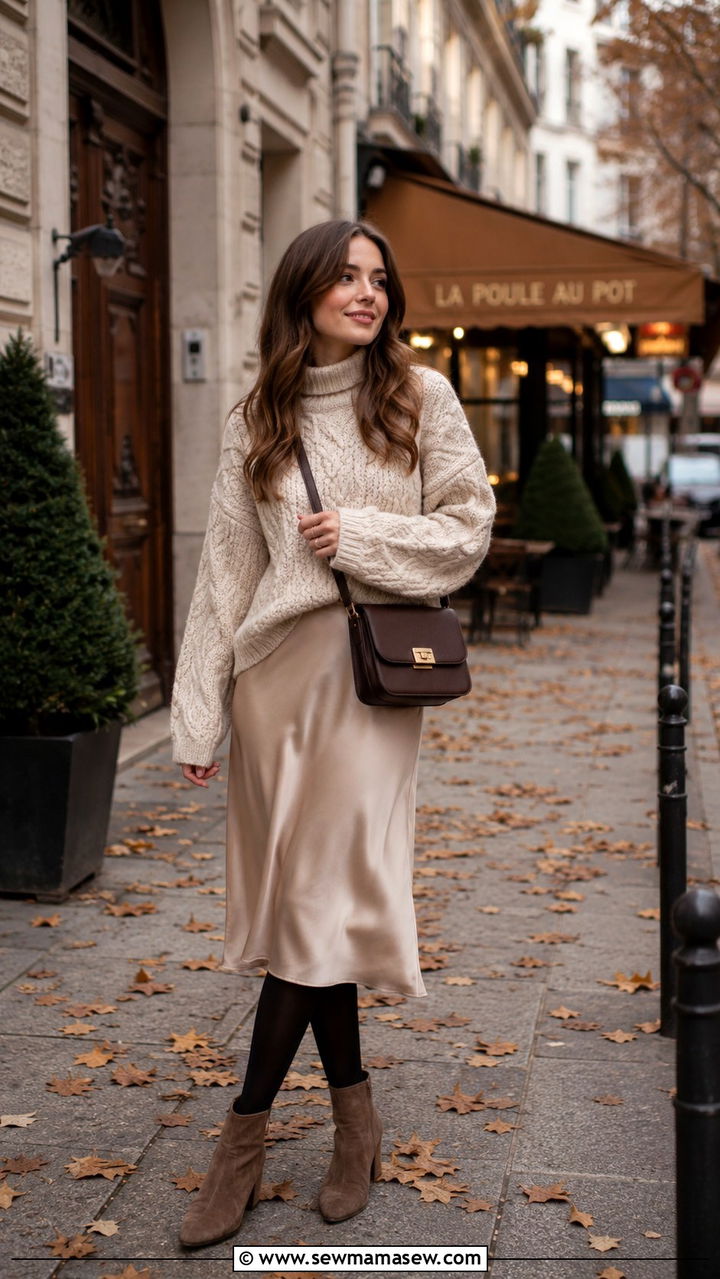Cable Knit Sweater With Satin Midi Skirt - 30 casual fairycore outfits