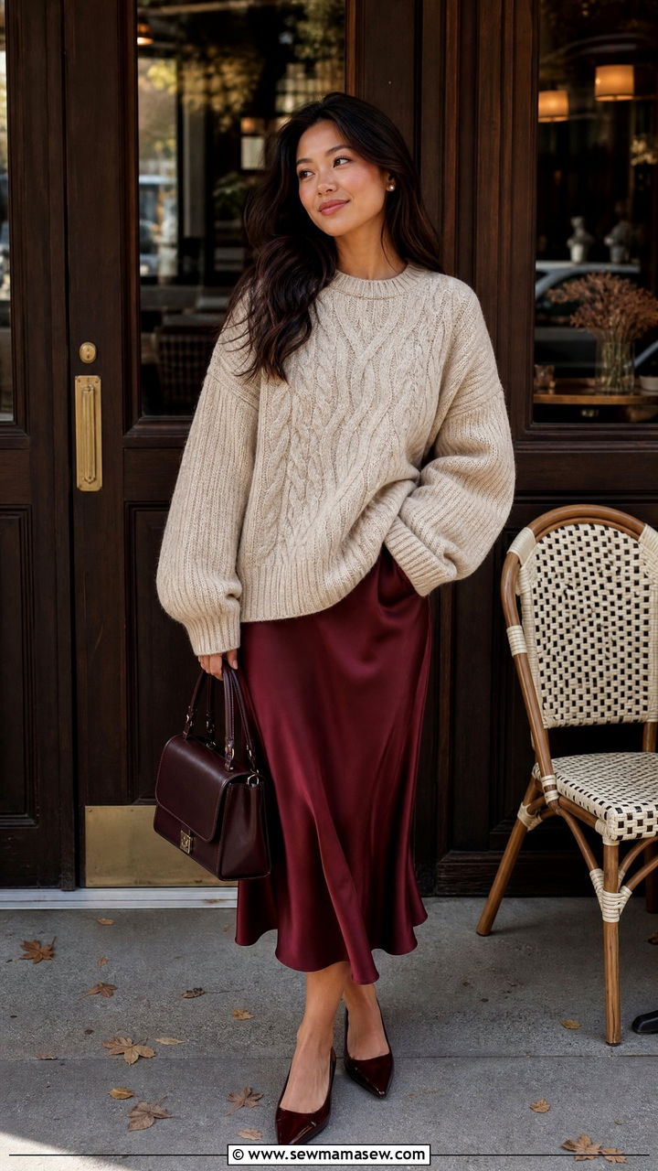 Cable Knit Sweater With Satin Midi Skirt - 30 brunch outfits aesthetic