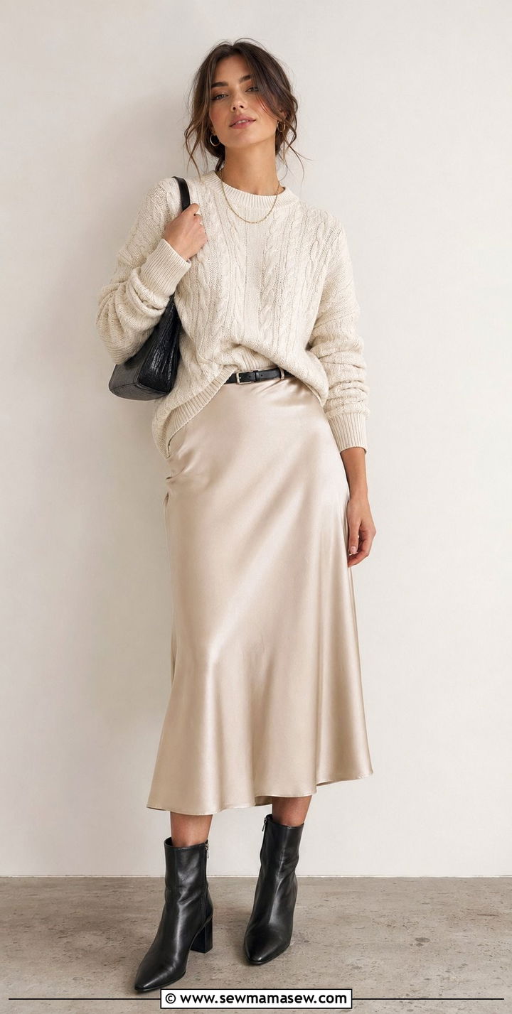 Cable Knit Sweater With Satin Slip Skirt and Ankle Boots - 35 90s capsule wardrobe outfits