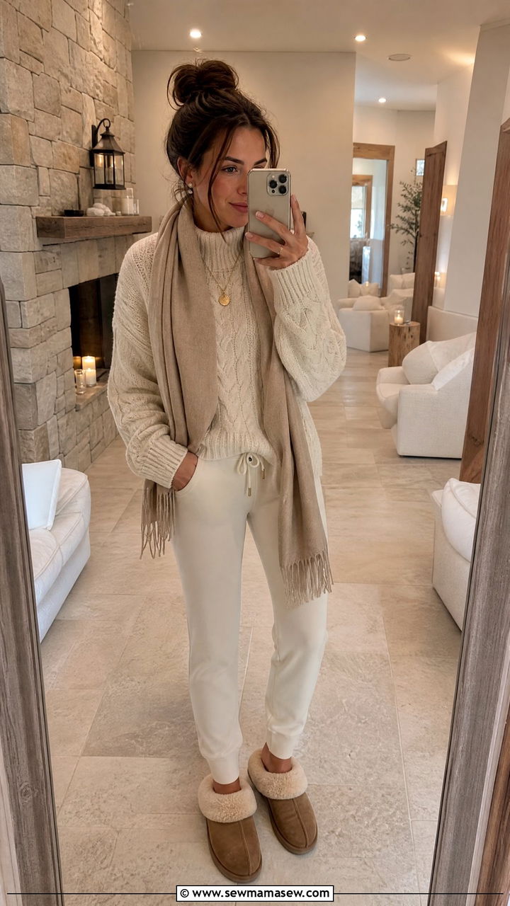 Cable Knit Sweater With Slim Cut Joggers and Shearling Slippers - 30 Cozy spa day outfit ideas