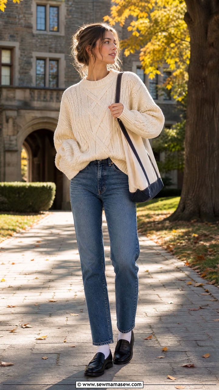 Cable Knit Sweater With Straight Leg Jeans And Loafers - 35 Ivy league outfit ideas