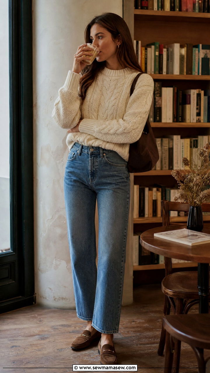 Cable Knit Sweater With Straight Leg Jeans and Suede Loafers - 30 French girl loungewear outfit ideas
